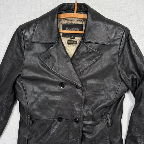 Y2K Wilsons Leather Pelle Studio Leather Trench Coat Double Breasted Size M - Picture 3 of 12